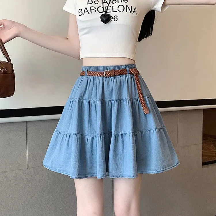 牛仔短裙半身裙女2025新款夏季高腰显瘦拼接时尚蓝色a字蓬蓬伞裙