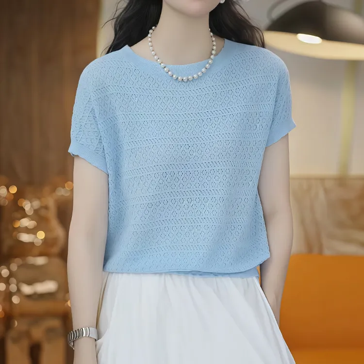 时尚韩版镂空短袖针织衫女2026年夏季新款小个子遮肉百搭显瘦上衣