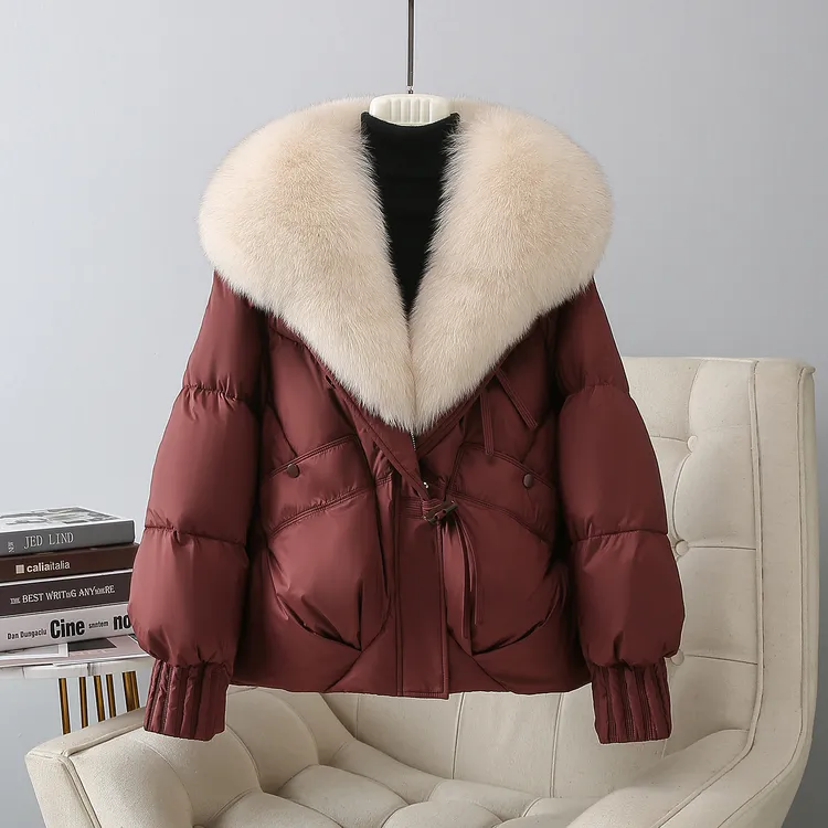 2025新款大毛领皮草白鸭绒女装短款宽松小个子羽绒服加厚外套冬季