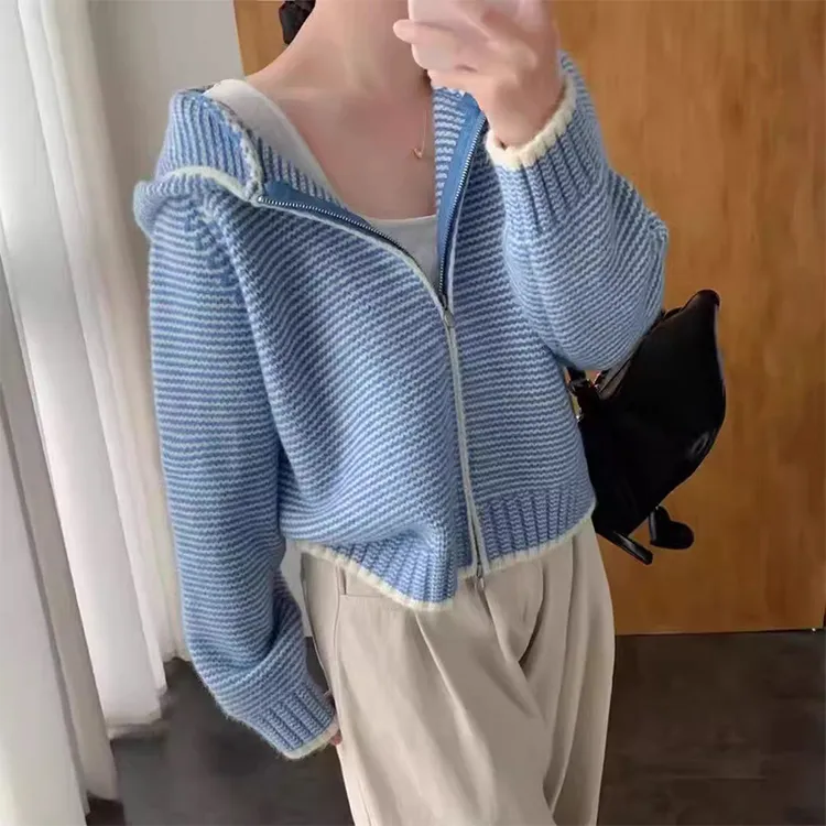 【丹姐家~蓝条纹帽衫】韩系撞色连帽针织开衫