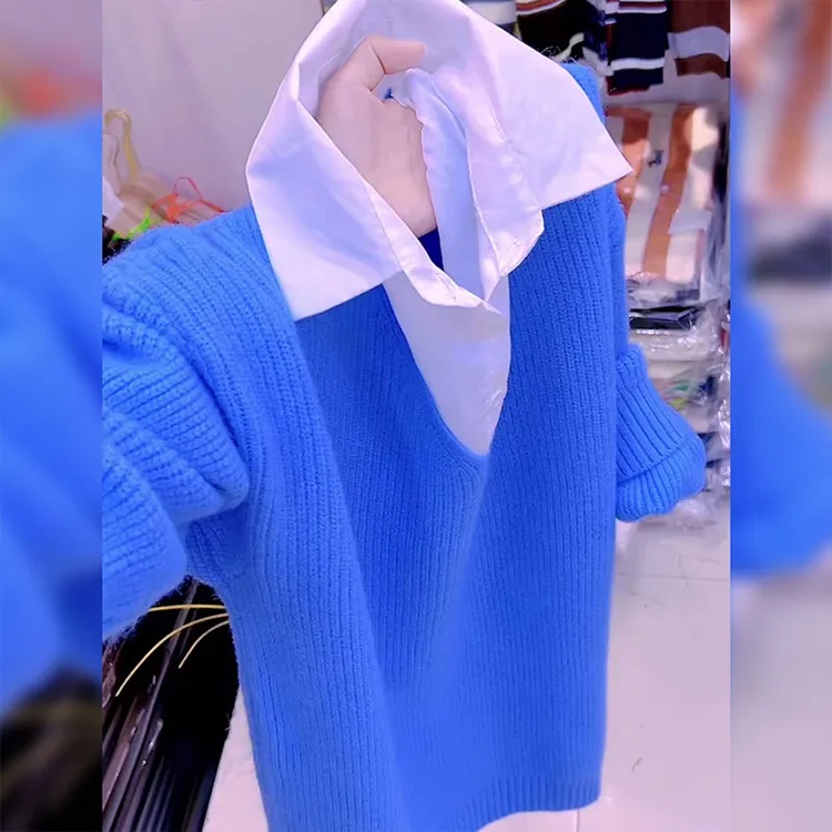 2025秋冬新款法式POLO领假两件针织衫大码胖MM设计感修身显瘦上衣