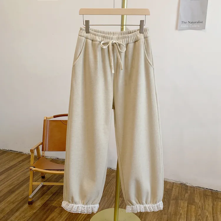 C5285加绒蕾丝边松紧腰系带休闲裤