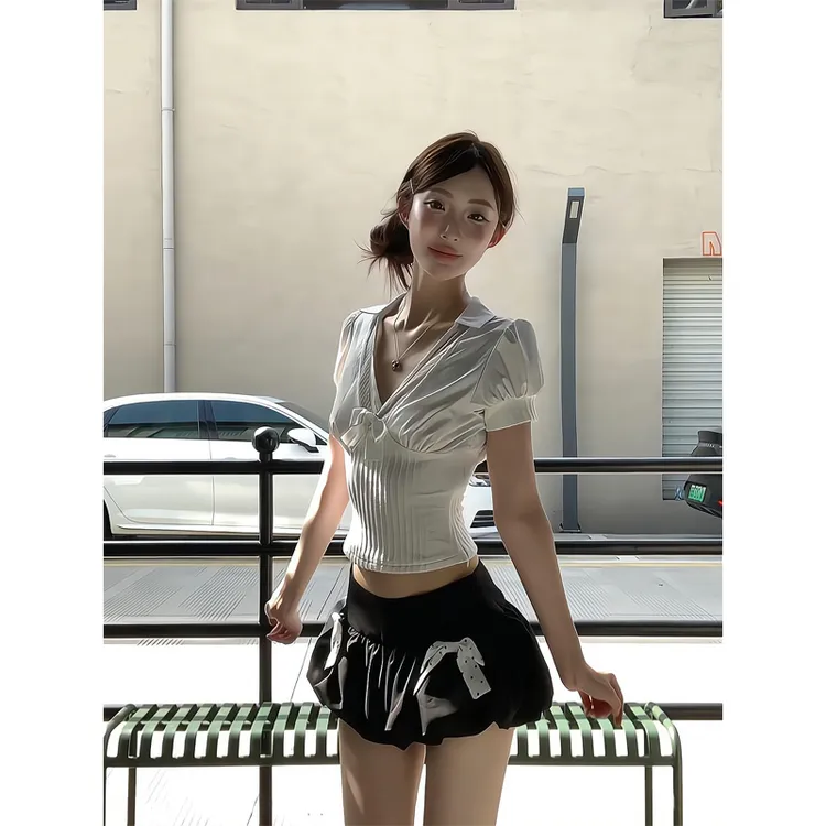 蝴蝶结泡泡袖白色衬衫纯欲辣妹v领上衣衬衣花苞裙短裙蓬蓬蛋糕裙