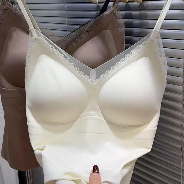2025秋冬新款时尚带胸垫蕾丝拼接法式美背女无痕聚拢吊带背心内衣