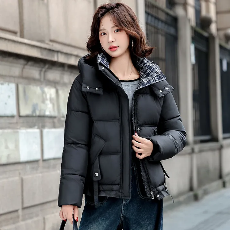 2025冬季新款连帽拼接格子短款棉服女修身时尚加厚宽松百搭外套潮