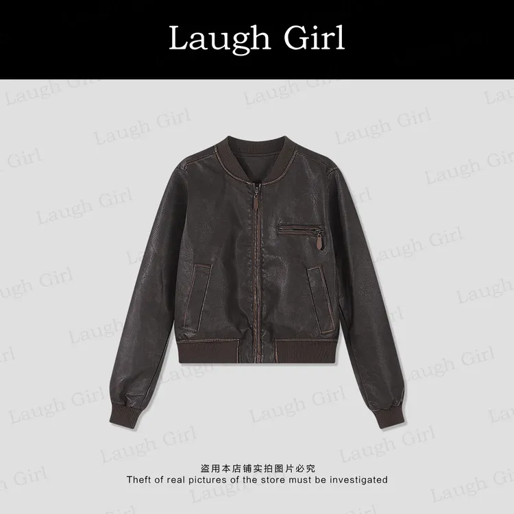 楚楚君Laugh girl【收藏皮衣】圆领酷飒韩版棒球皮衣外套WL53772J