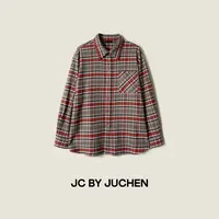 苏格兰焙茶红格时髦设计小红扣春秋廓形格子衬衫外套 FW064603