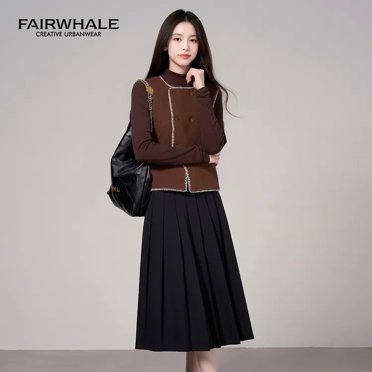 马克华菲法式显瘦针织马甲内搭百褶半身裙三件套复古百搭套装