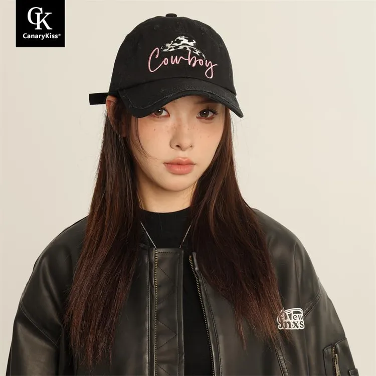 CanaryKiss日系工装重磅磨破牛仔刺绣休闲棒球帽女复古做旧鸭舌帽