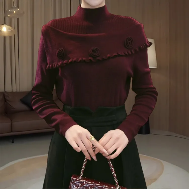 复古酒红色半高领针织衫秋冬大码女装立体花朵绝美修身显瘦打底衫