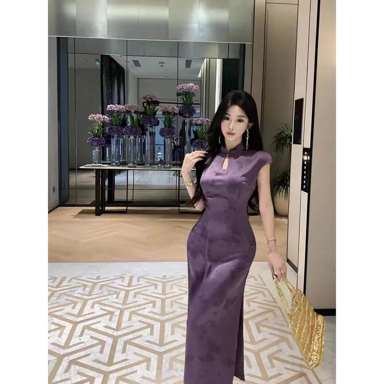 紫色缎面改良旗袍女夏新中式蝴蝶连衣裙短袖气质长袖长款连衣裙女