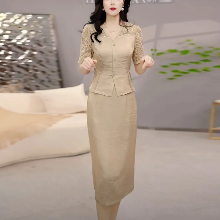 冰丝缎名媛轻奢女装2025夏季新款时尚短袖气质优雅两件套连衣裙子