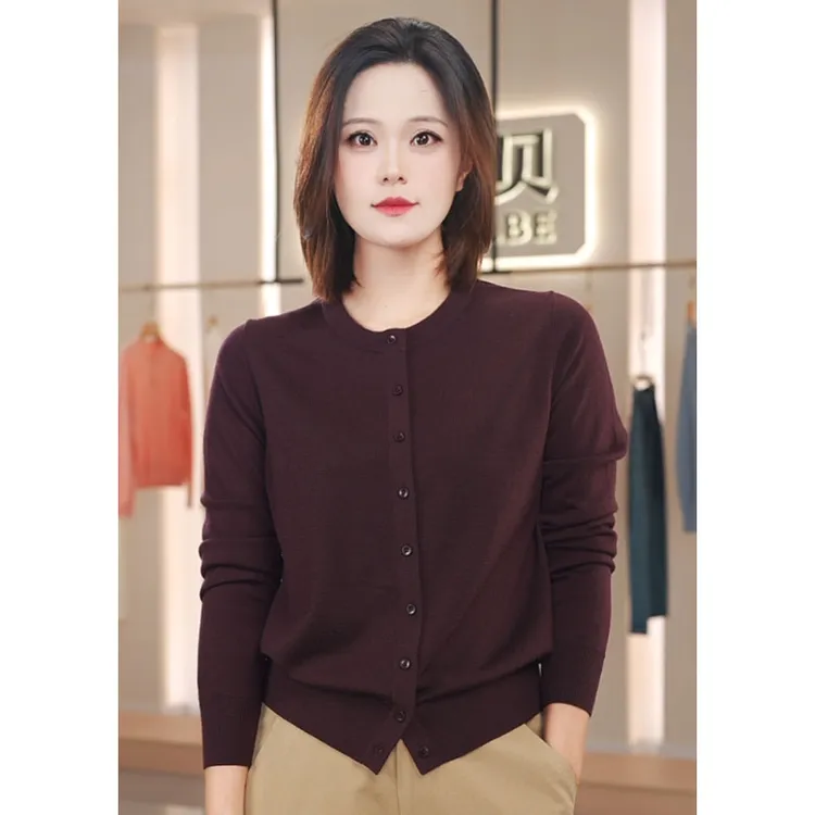 【60支精纺100%纯羊毛】秋季新款可机洗针织开衫纯色圆领女士羊毛衫