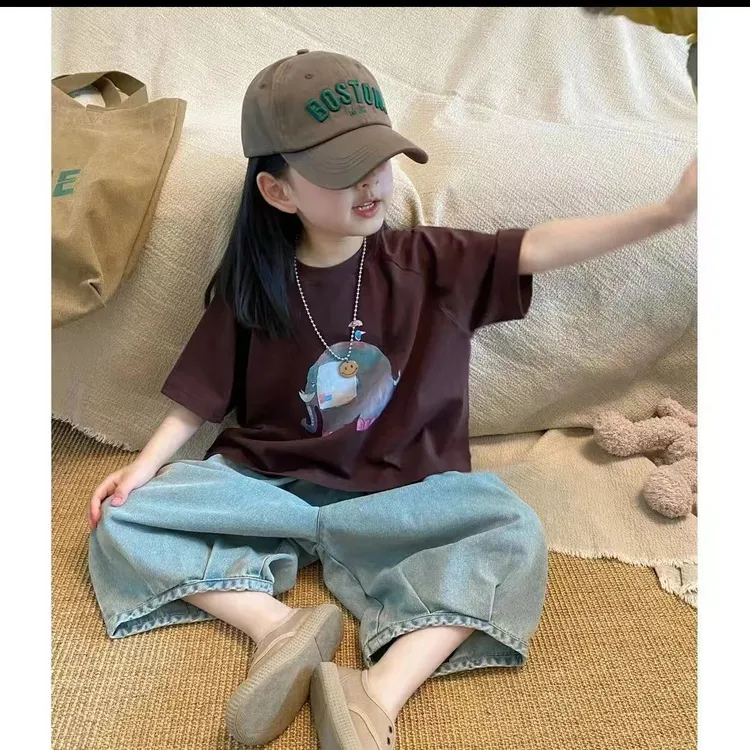 儿童套装夏季韩版套头T恤男女童薄款软牛仔休闲洋气七分裤两件套