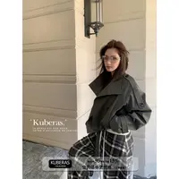 KUBERAS 休闲复古短款宽松双排扣松紧腰立领夹克风衣高级感短外套