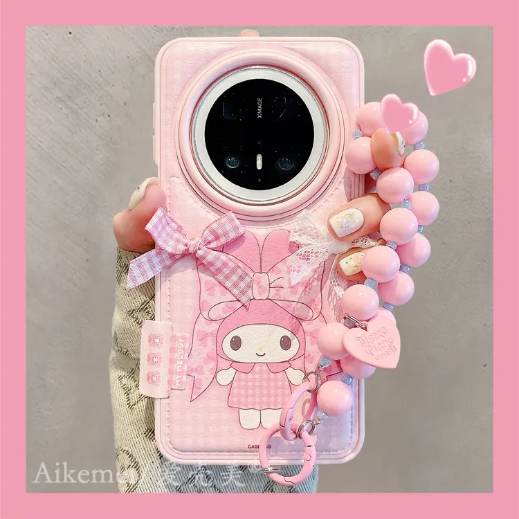适用华为mate70pro+手机壳粉皮质格纹Mate60pro+美乐蒂立体蝴蝶结