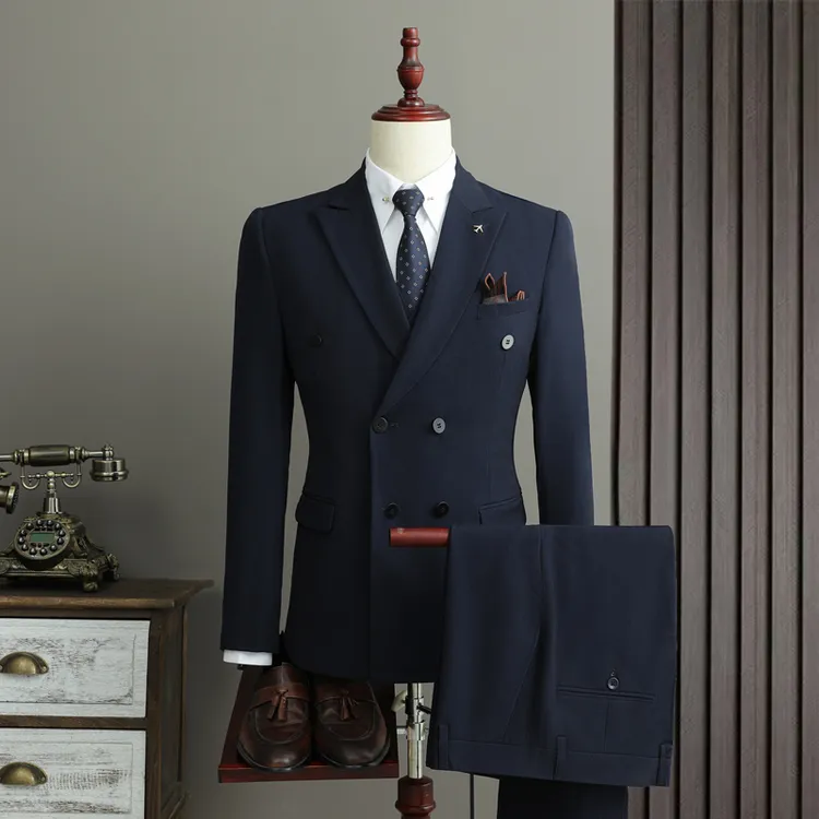 保罗修身新郎结婚礼服男士戗驳领双排扣西服男商务正装休闲西装