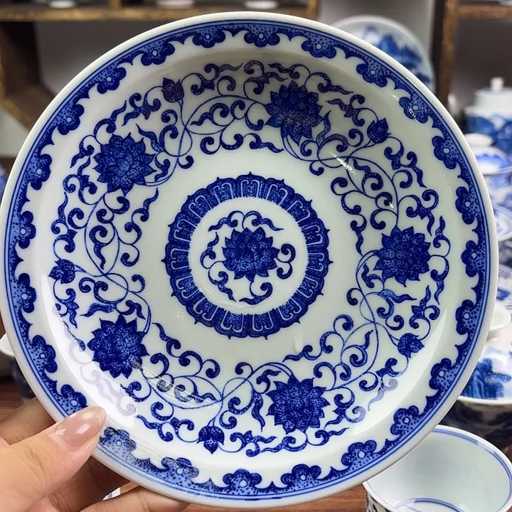 【新品首发】见燃柴窑景德镇纯手工手绘仿清缠枝莲青花艺术茶盘