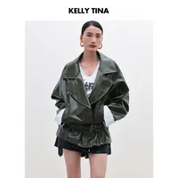 KELLY TINA 都市暗调-摩登撞色珠边皮衣女高级感亮面皮pu皮