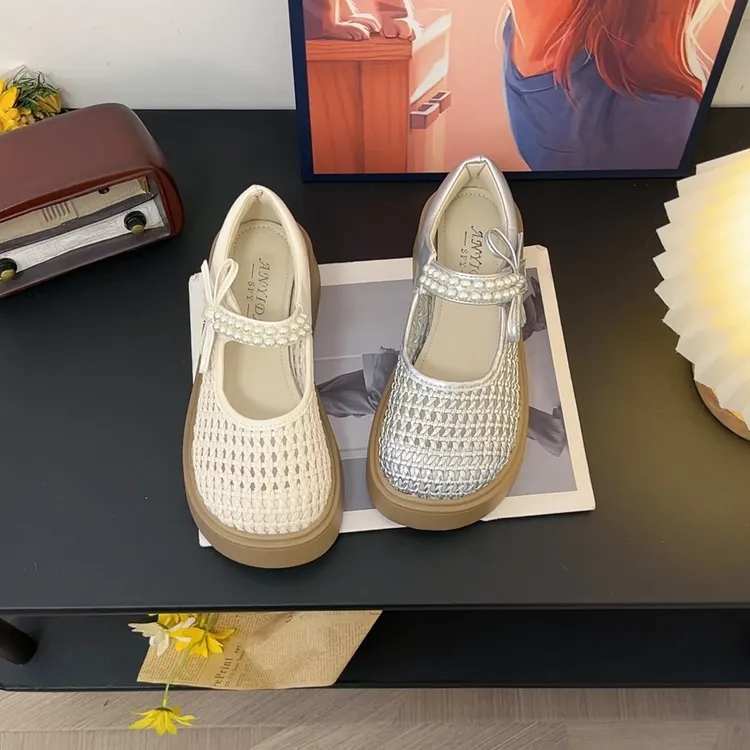 0仙女风珍珠玛丽珍单鞋女编织镂空透气厚底凉鞋2025年夏季新款0