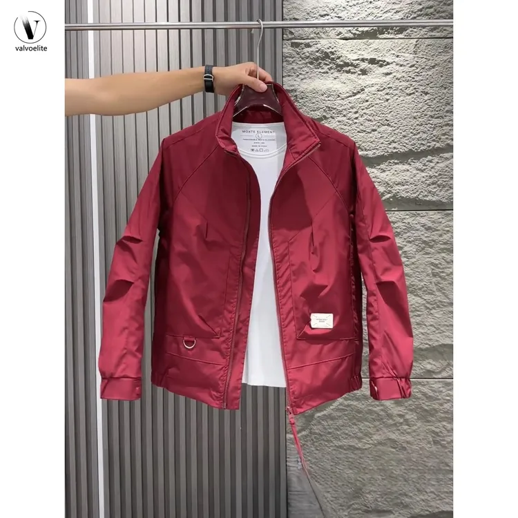VALVOELITE春季男士立领夹克新款修身时尚百搭酒红色休闲短款外套