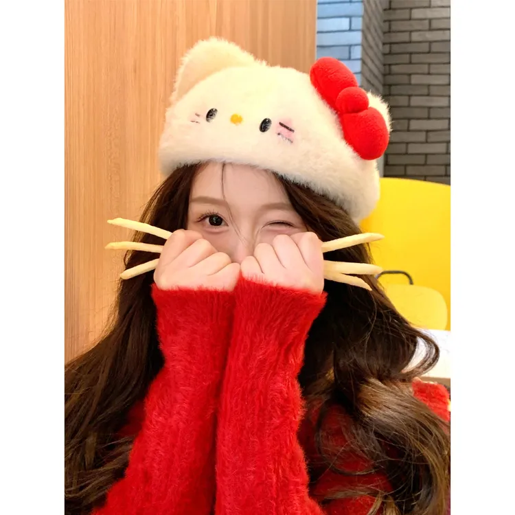 秋冬甜美腮红Kitty猫毛茸茸针织贝雷帽女生可爱蝴蝶结软糯少女心