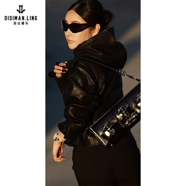 【迪丝嫚苓】100%羊皮黑色外套时尚休闲女士秋冬原创设计小众优雅感