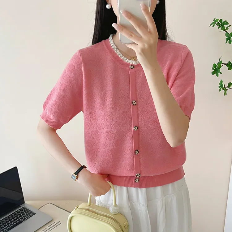 2025春夏新款时尚百搭蕾丝领短袖时尚针织衫女装提花钩花显瘦上衣