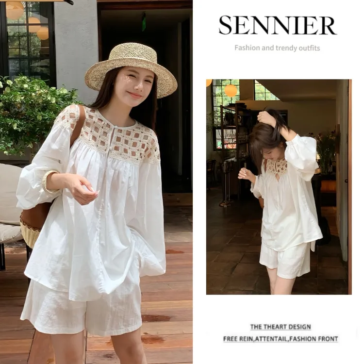 今年流行穿搭一整套2025新款法式镂空设计宽松长袖休闲短裤两件套