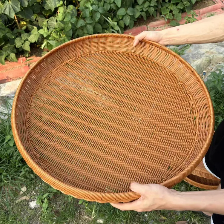 【特大号】LX095簸箕晒筐仿藤简约茶色圆形家用拖盘手工编织56*8