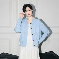 蓝色翻领毛衣外套女秋2025春秋新款温柔软糯宽松针织开衫外搭上衣
