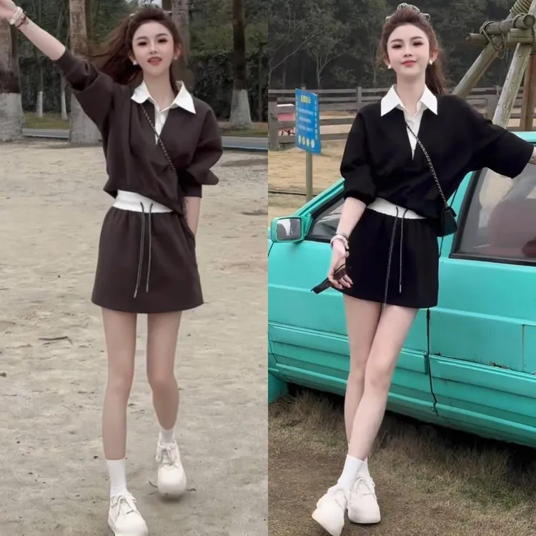 2025超火早秋一整套韩系运动减龄休闲 翻领假两件卫衣半身裙两件