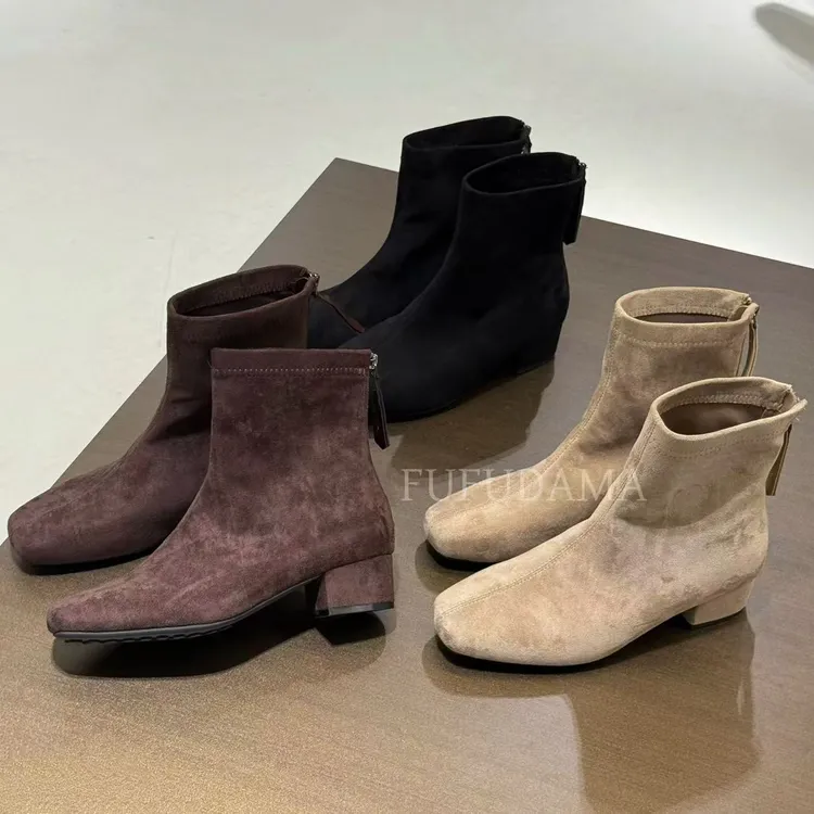 【胖福福大码女鞋】马丁靴复古粗跟短靴女后拉链低跟瘦瘦靴