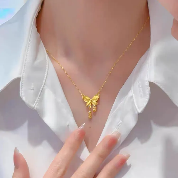 足金999烟雨梦蝶黄金色流苏蝴蝶结项链女气质精致锁骨套链