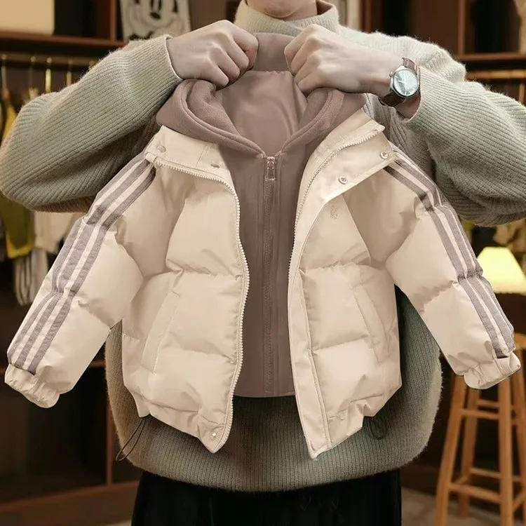 儿童羽绒棉服男女童2025冬季加厚外套连帽针织拼色假两件保暖棉衣