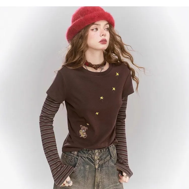 原创印花绒感条纹长袖t恤女2024年冬季新款修身打底衫