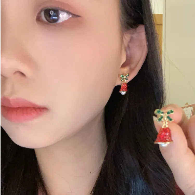 合金锆石耳饰 圣诞节蝴蝶结铃铛耳环女耳钉小众高级感红色耳饰