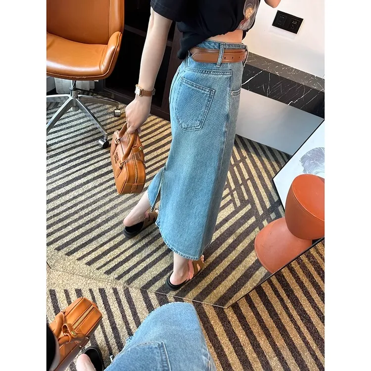 复古后开叉牛仔半身裙夏季新款梨型身材高腰显瘦a字直筒中长裙子