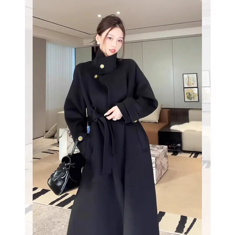 黑色呢子大衣女中长款2025秋冬季韩系超好看赫本风小个子毛呢外套