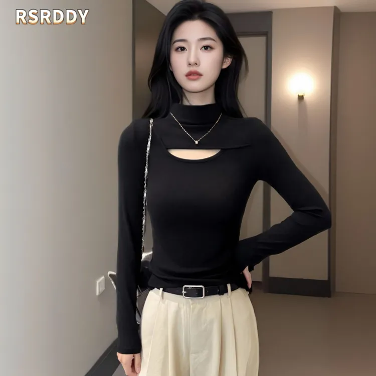 RSRDDY黑色半高领镂空打底衫女内搭长袖t恤秋冬修身百搭时尚上衣