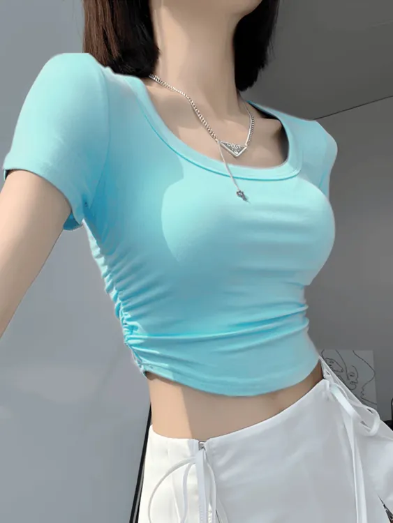 甜辣妹U领正肩短袖t恤女夏季新款修身显瘦纯欲风性感短款露脐上衣