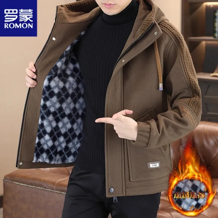 罗蒙加厚连帽男士外套秋冬季潮牌宽松短款派克服青年呢子夹克棉衣