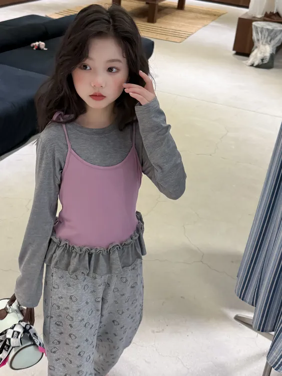 2025秋季女童韩版T恤两件套儿童洋气时髦叠穿打底衫童装秋装套装