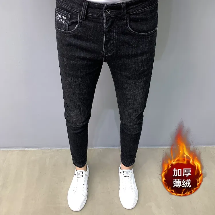 冬季加厚加绒牛仔裤男潮流刺绣修身黑色九分百搭显瘦弹力小脚长裤