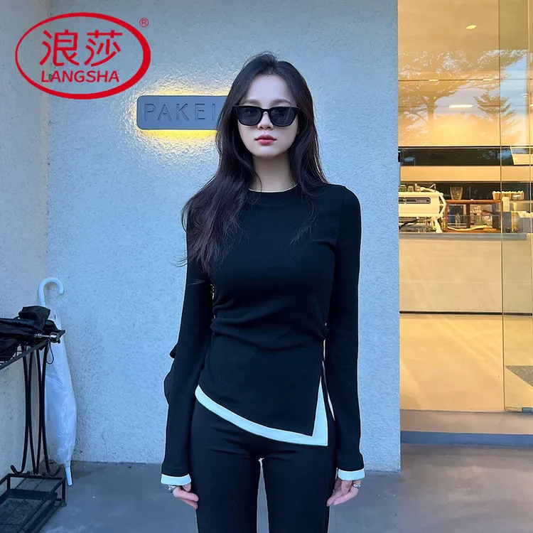 浪莎假两件长袖T恤女2025春秋新款撞色拼接不规则修身打底衫上衣