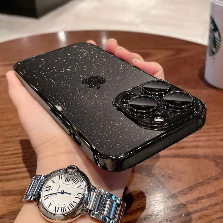 适用苹果17ProMax原色iPhone14透明电镀13星空闪粉16带镜头膜15