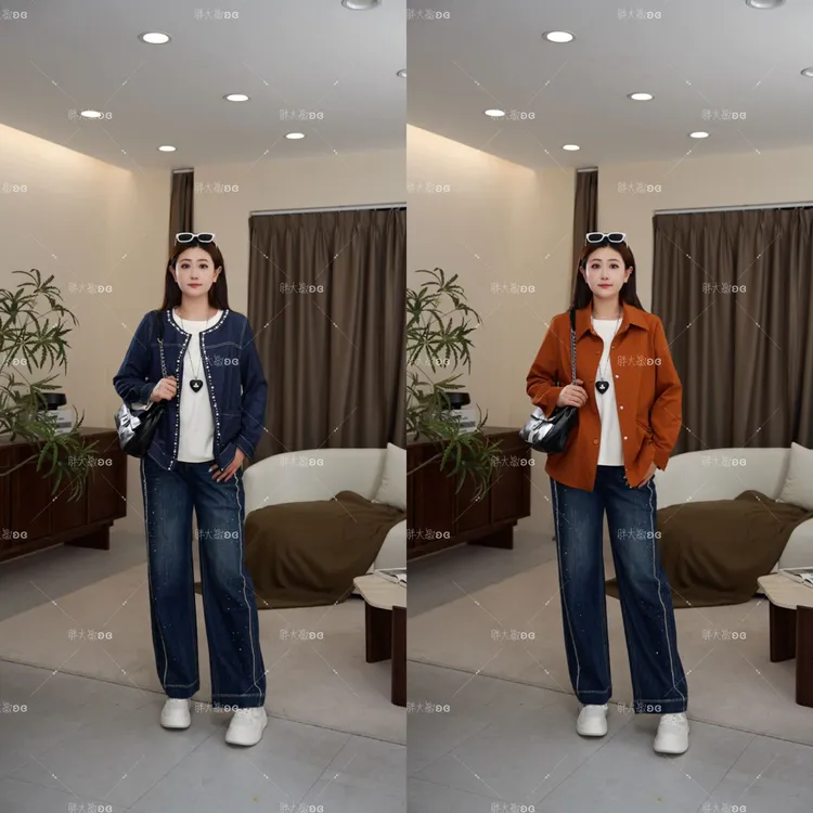【秋款上新】PDM22522秋季新款复古显瘦时尚直筒烫钻大码女装牛仔裤