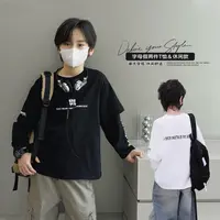 男童长袖T恤春秋2025新款儿童上衣假两件打底衫中大童薄款春装潮