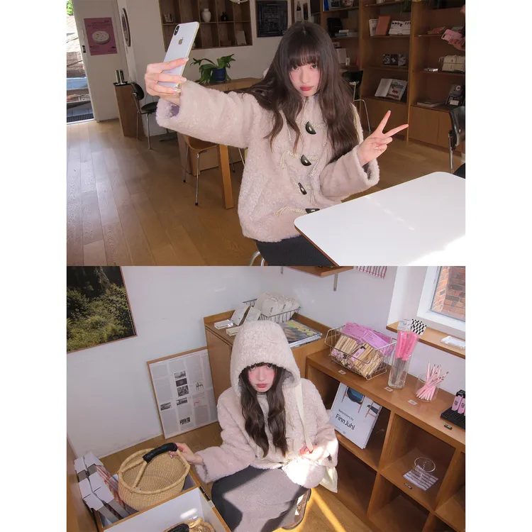 你好卡农 草莓慕斯！少女粉圈圈羊羔毛短外套KE25Z8091D