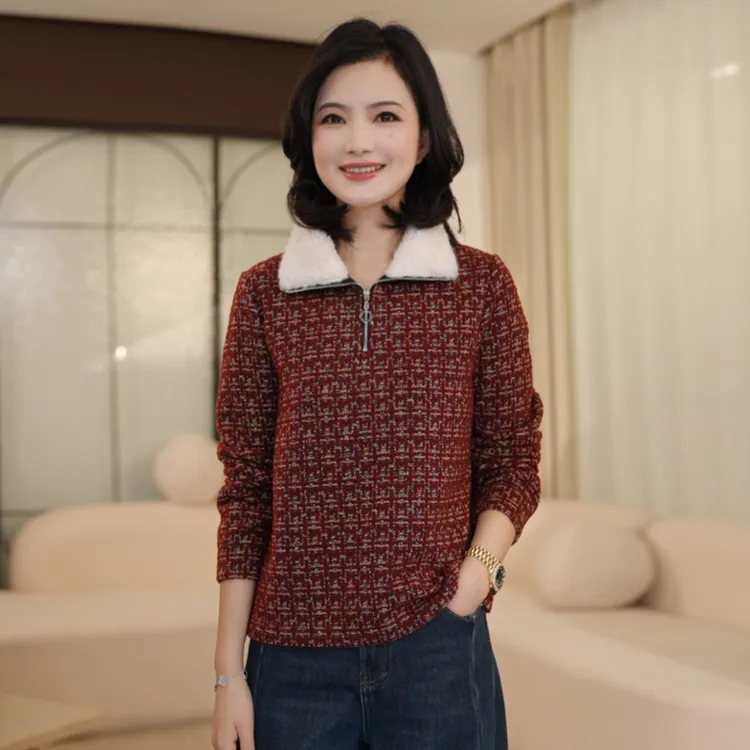 枫竺阿楠anan撞色毛毛立领半拉链调节松紧下摆卫衣女秋冬打底上衣